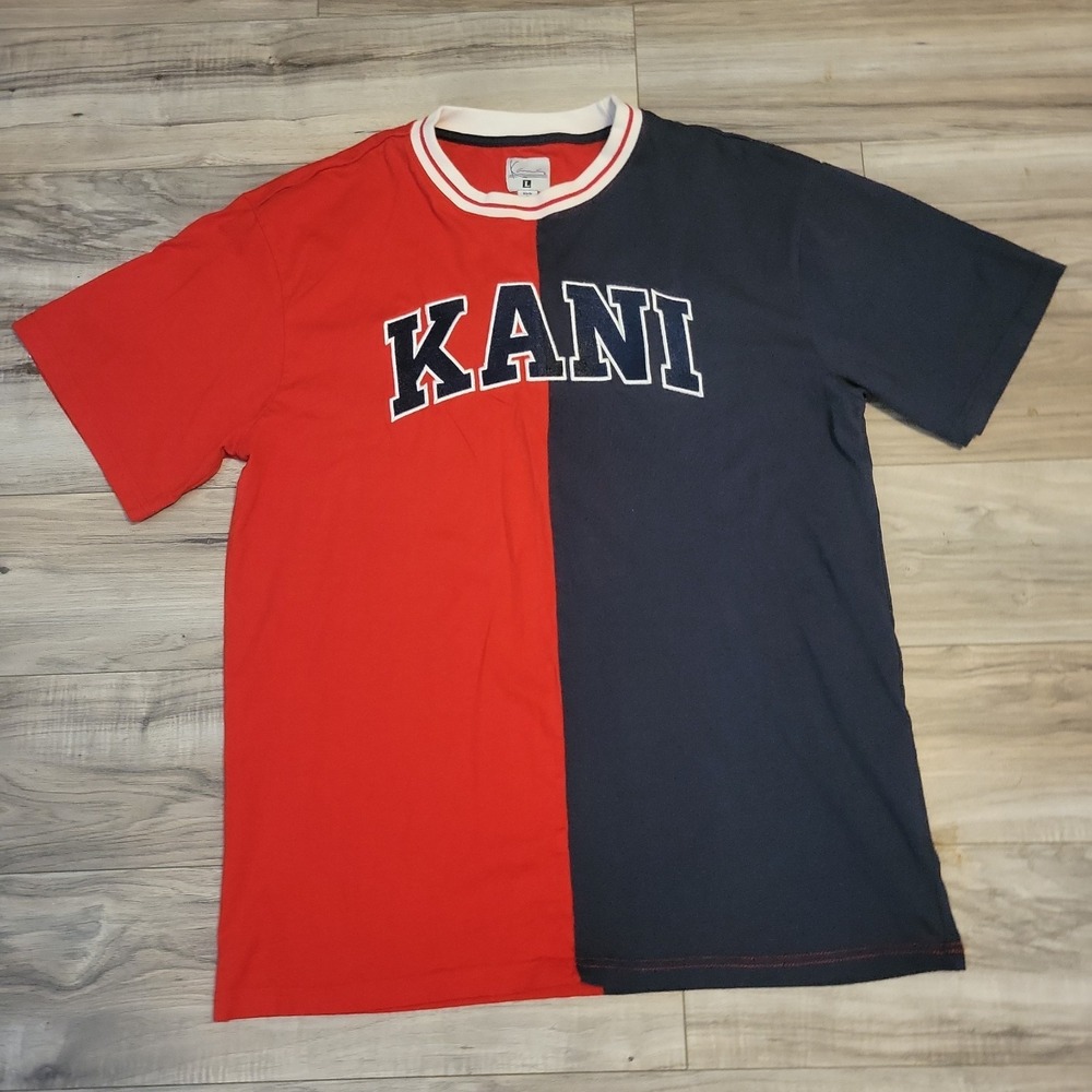 Karl Kani Varsity Script Red Blue Colorblock Short Sleeve‎ T-Shirt Men XL VGT
